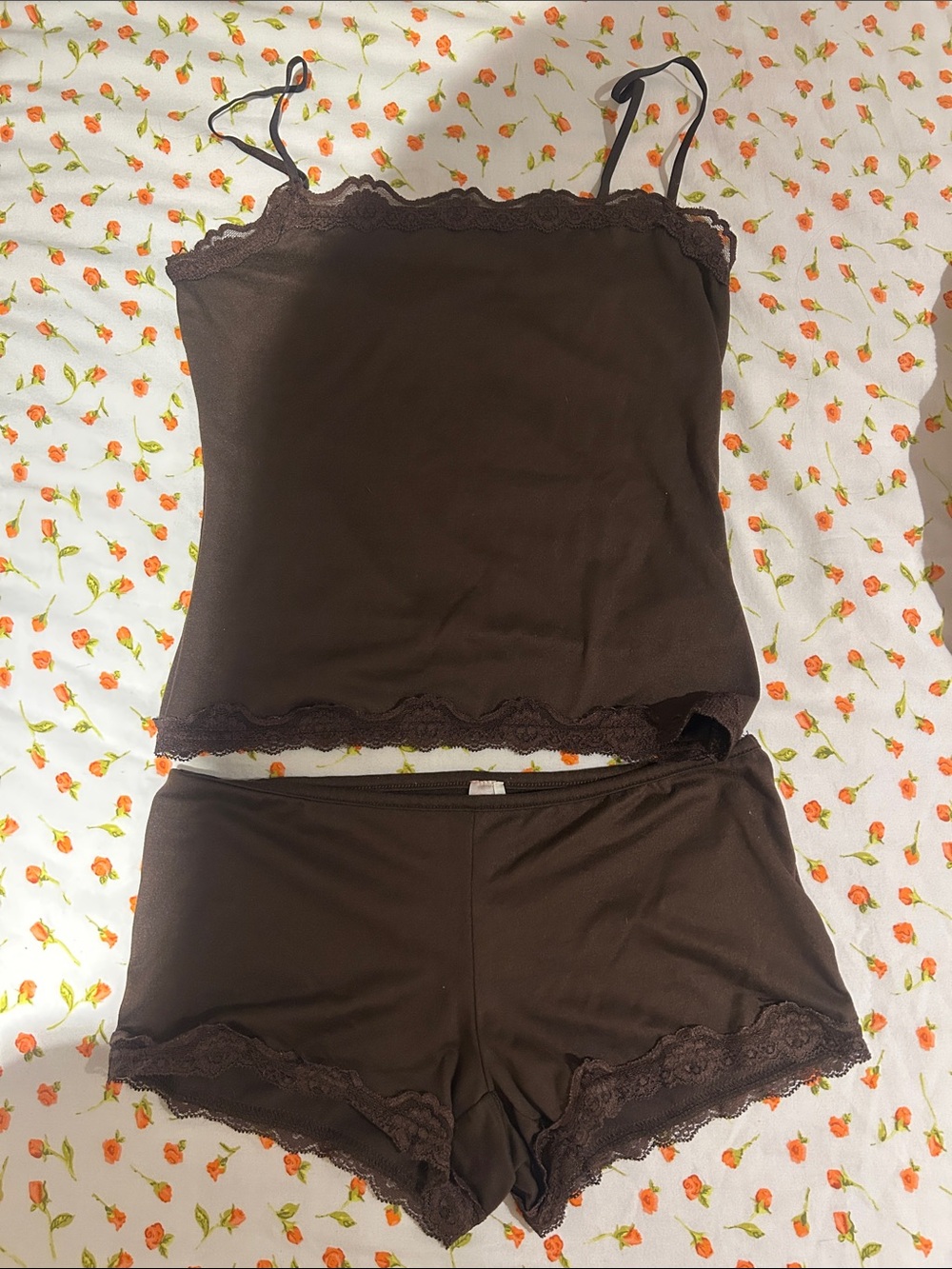 Urban Outfitters Chocolate Brown Lace-Trim Cami & Shorts Sleep Set